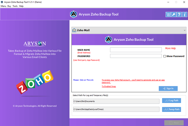Aryson Zoho Mail Migration Tool screenshot Aryson Zoho Mail Migration Tool screenshot