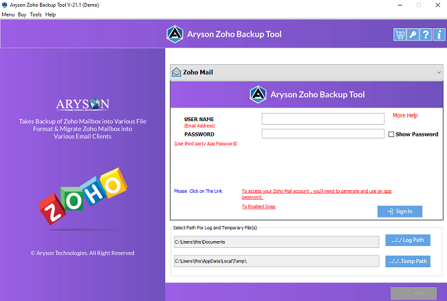 Aryson Zoho Mail Migration Tool screenshot