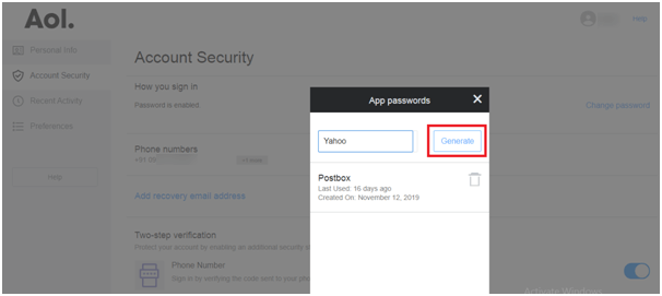 Generate Password in Aol Account