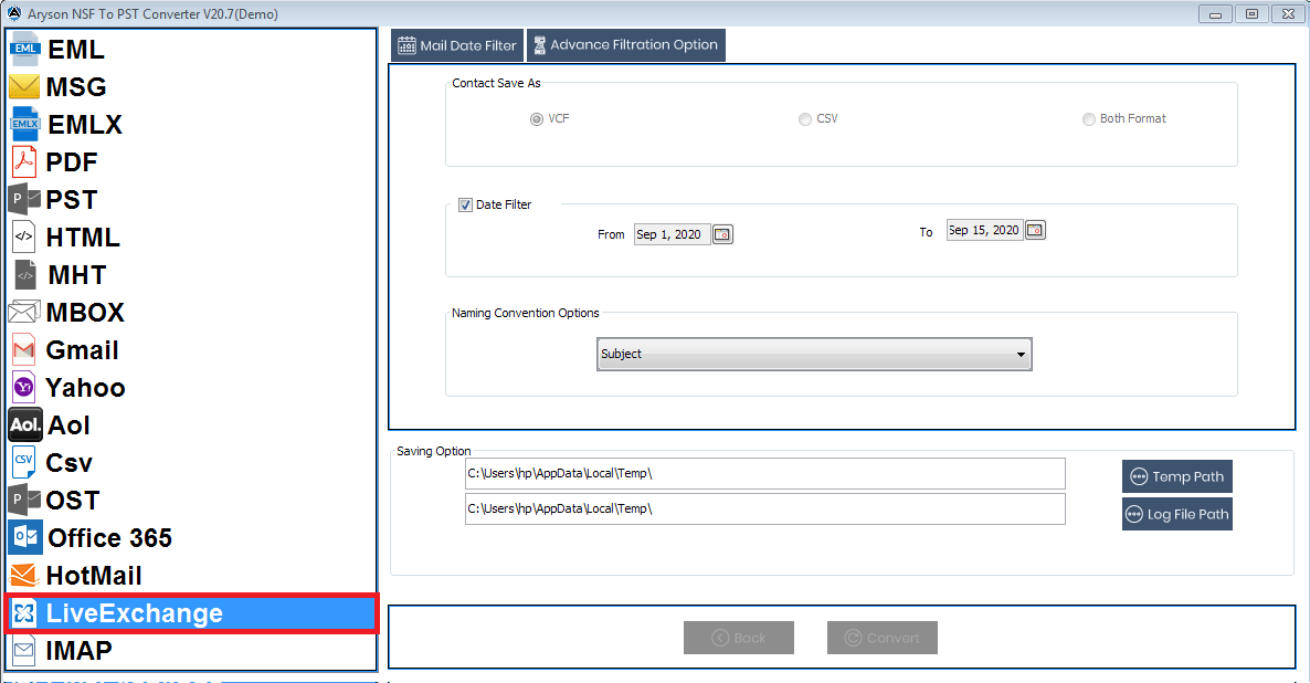 Export to Live Exchange