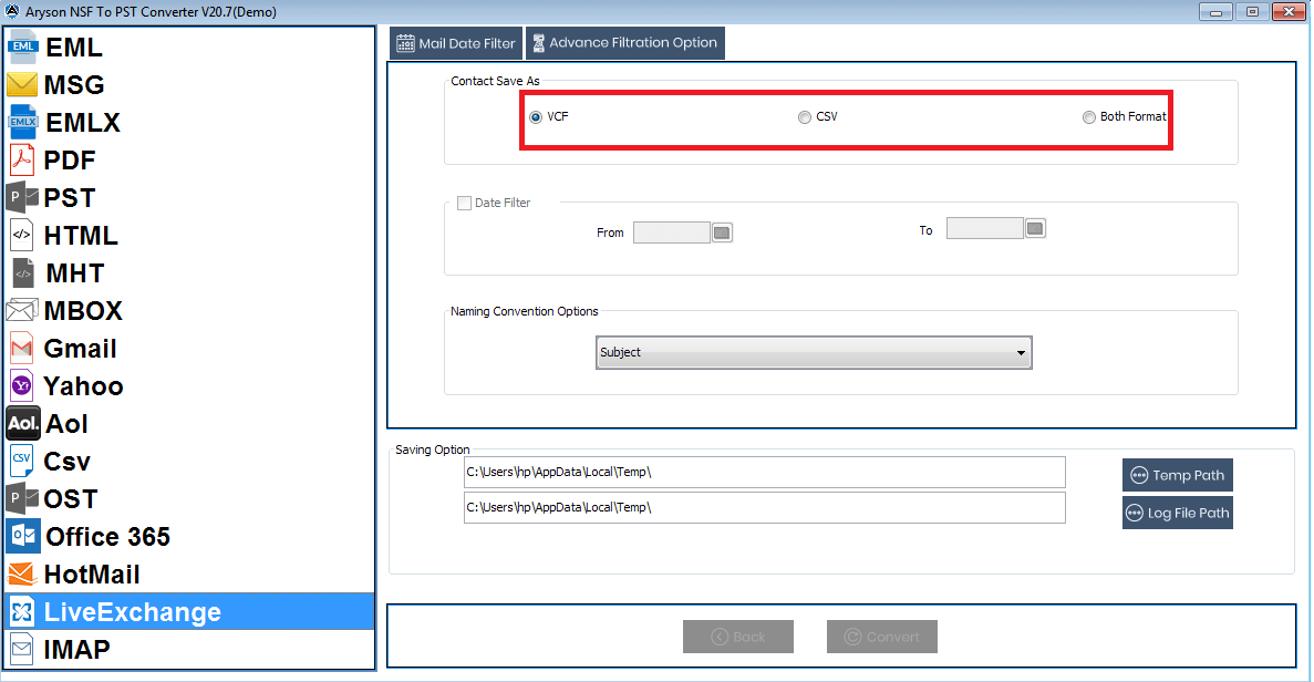 Export to Live Exchange