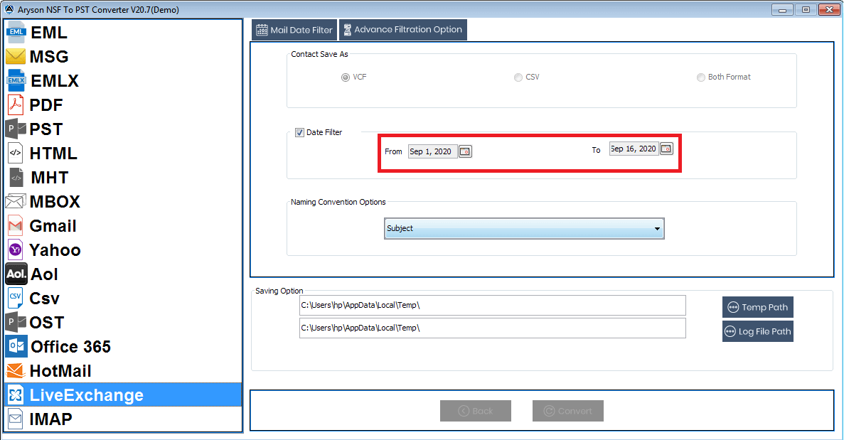 Export to Live Exchange