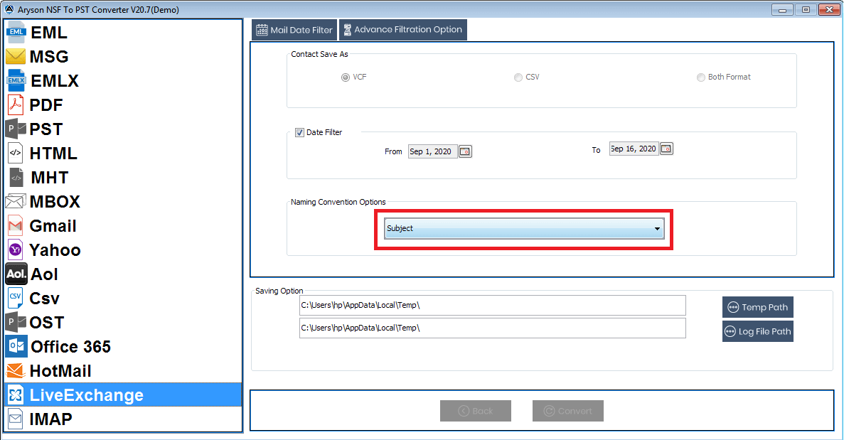 Export to Live Exchange