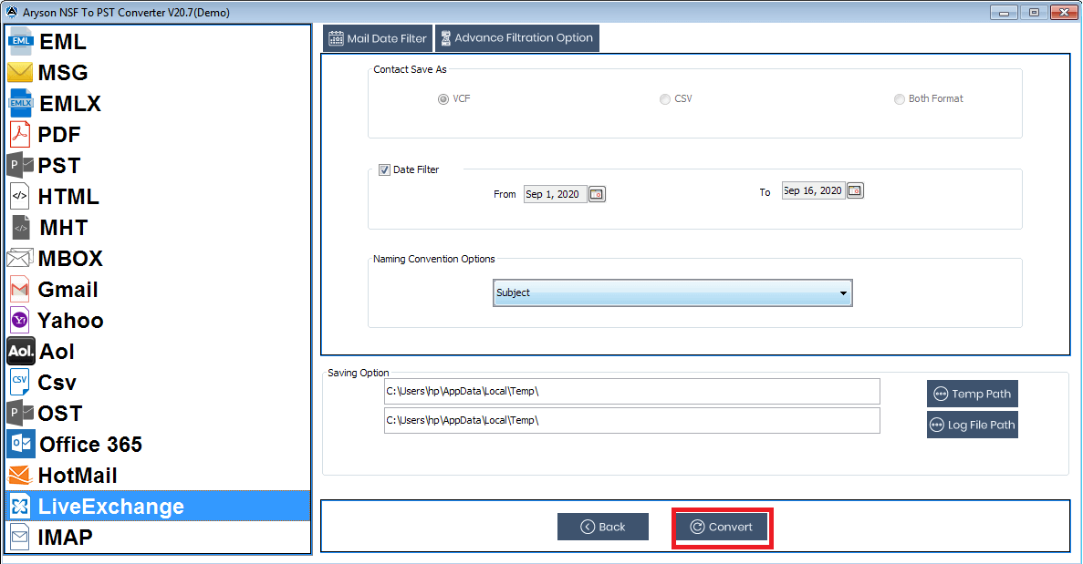 Export to Live Exchange