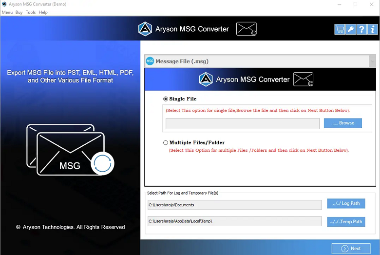 Aryson MSG to EML Converter screenshot