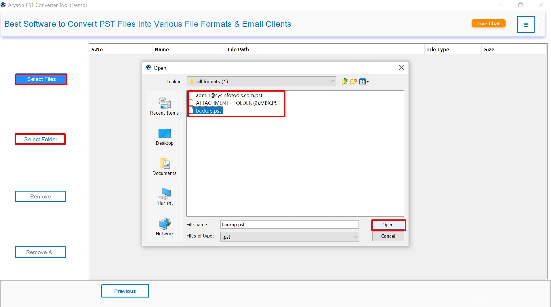 Click Select File/Select Folder