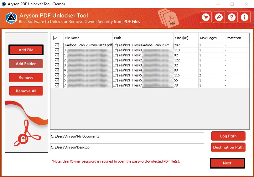 Aryson PDF Unlocker Tool screenshot