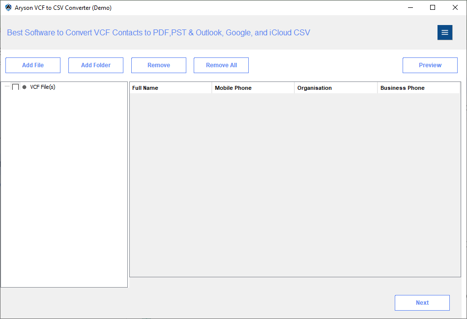 Aryson VCF to CSV Converter screenshot