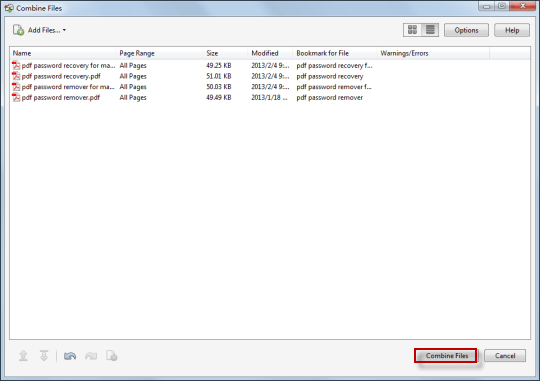 Click Combine button for Merging