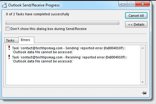 Send and receive error in Microsoft Outlook