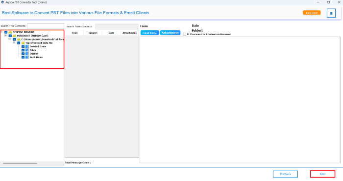 display all your mailbox folders and preview