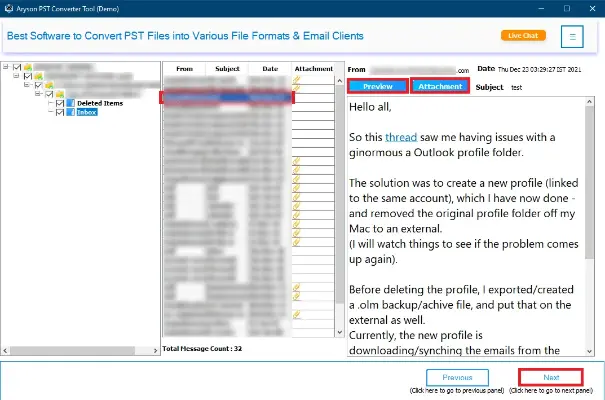preview all your selected PST data