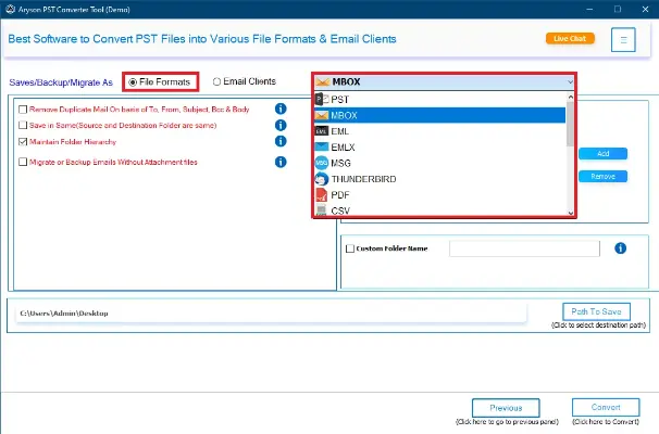 choose MBOX as the format