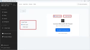 Log in to the O365 account via modern auth or client secret