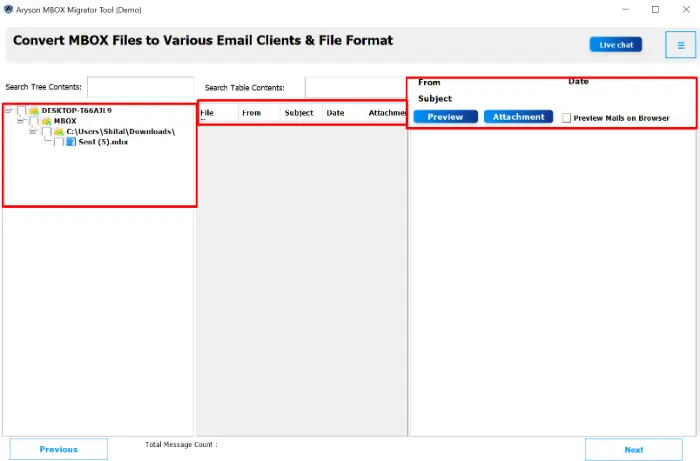 preview all the selected MBOX mail data