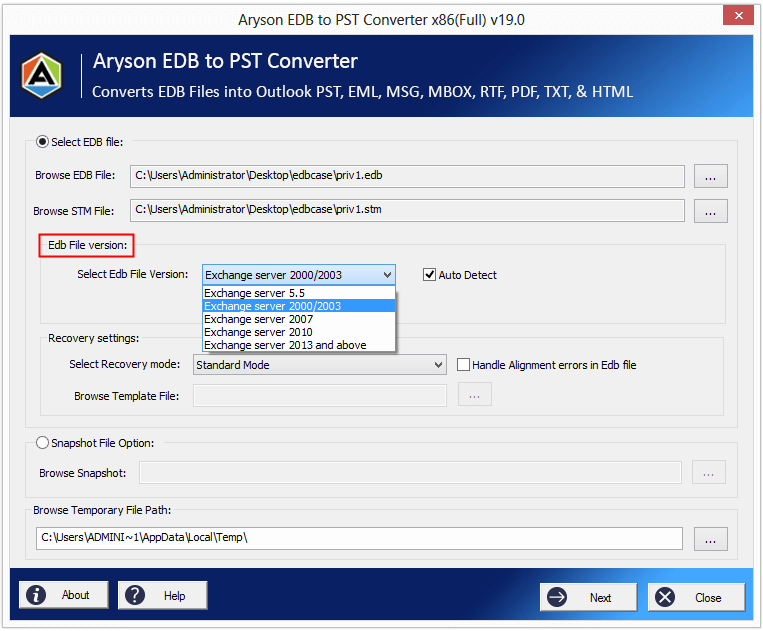 select the Exchange EDB & STM File
