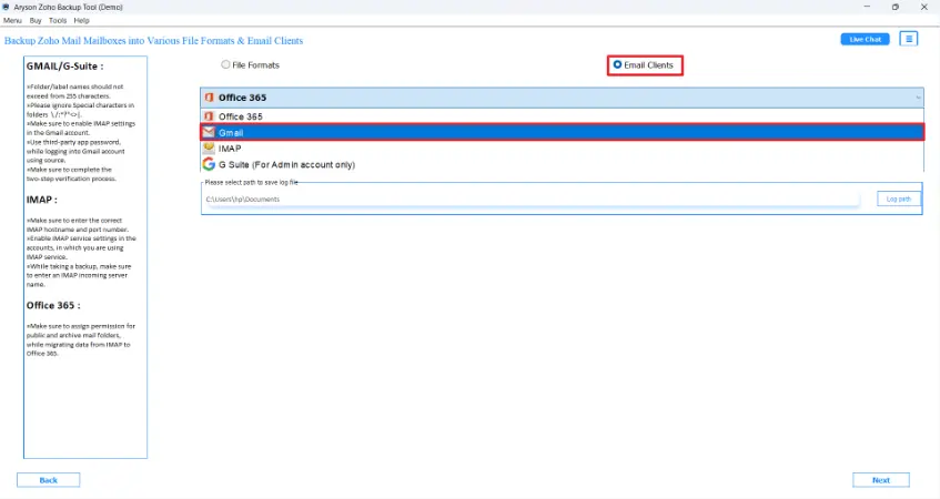 under the Email clients dropdown list