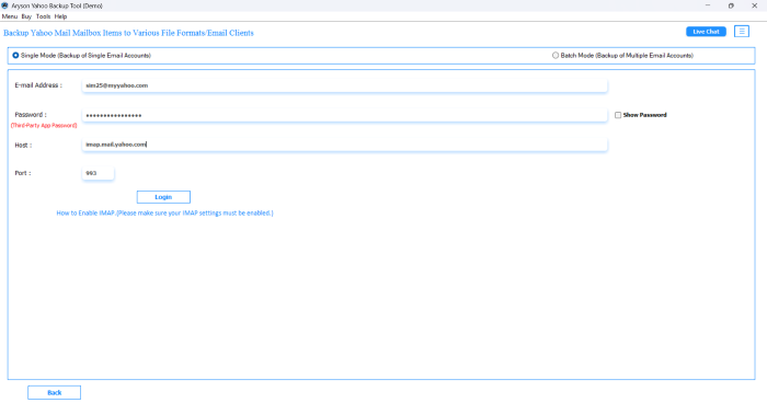 Enter your Yahoo Mail ID and app password