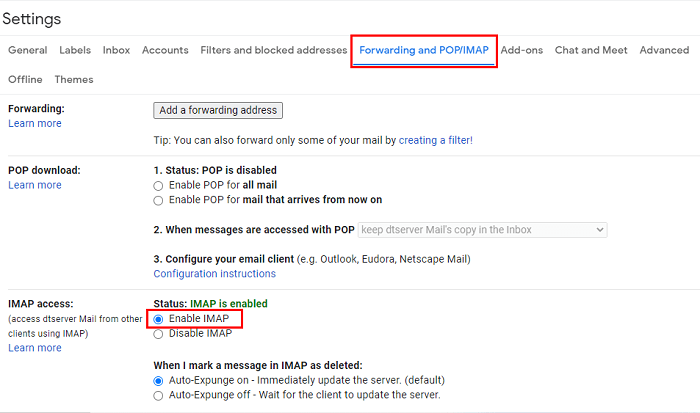 Enable IMAP under IMAP Access