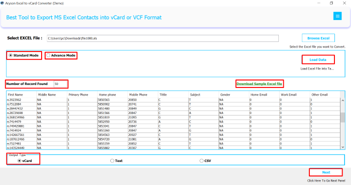 preview the contact details displayed from your Excel