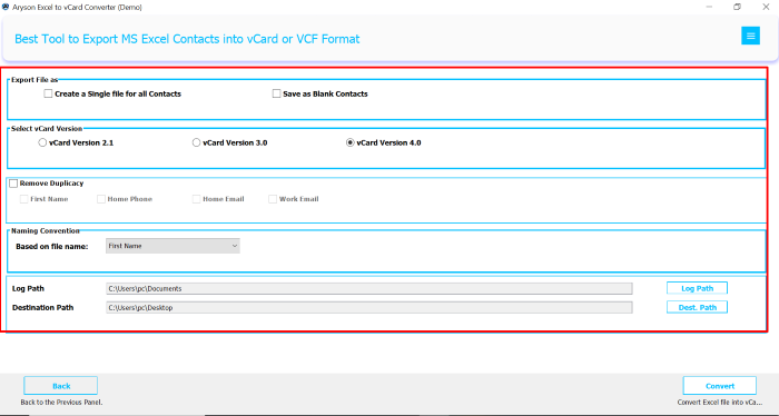 Convert button to convert Excel to vCard