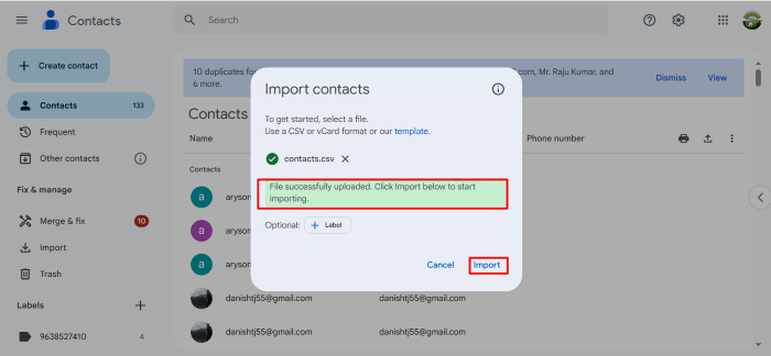 Click the Import button to add those contacts 