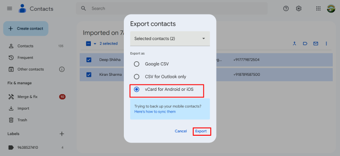 select vCard and Export