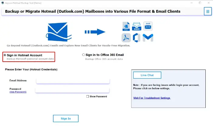 Run Hotmail Backup Tool