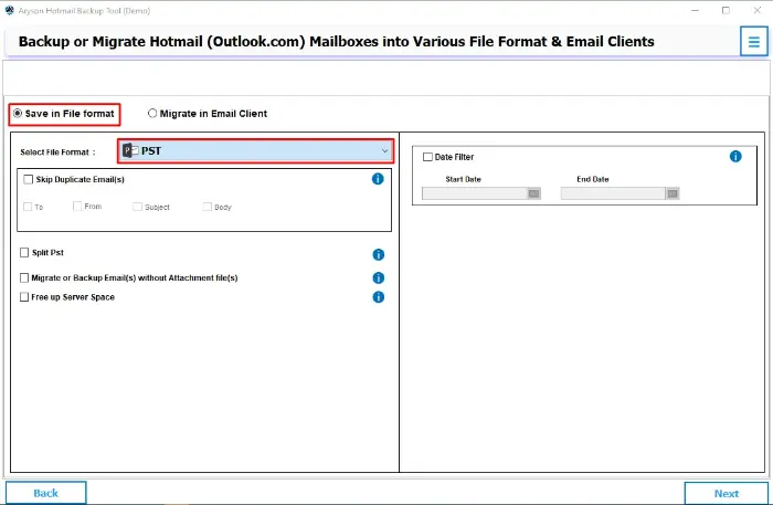 Choose the desired email format for backup
