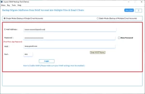 mail address, password, host & port number, and click login