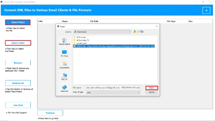 search for any specific EML file