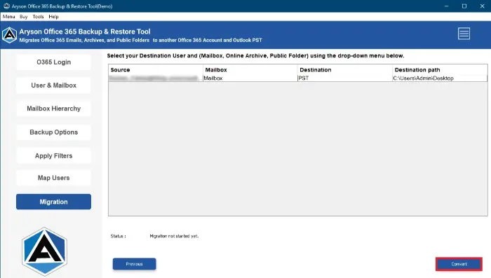 click Convert to export Office 365 as a PST