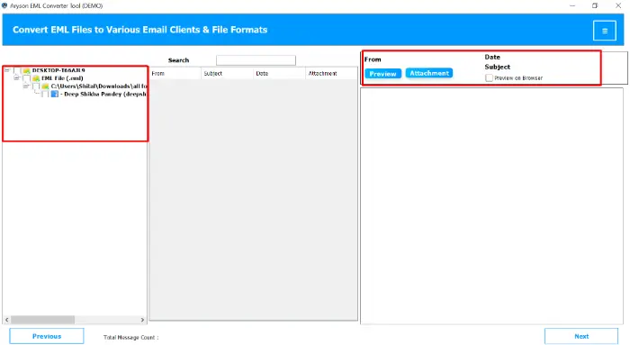 preview the emails and attachments