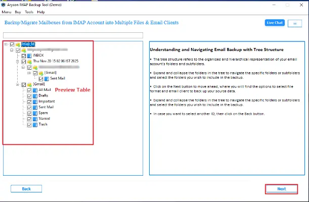 preview the emails from the tree structure