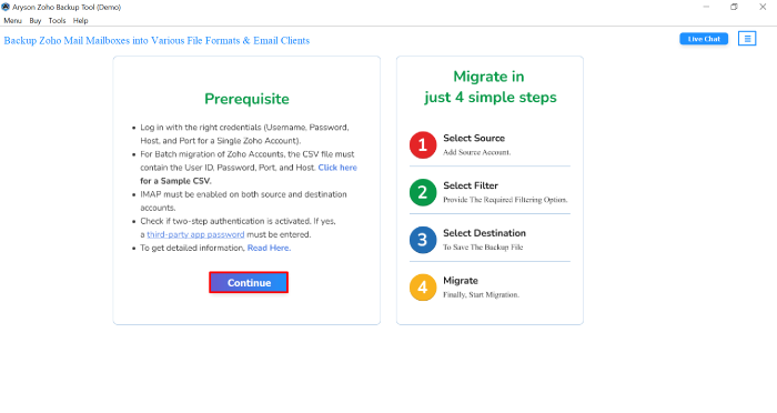 Launch the Aryson Zoho Migration Tool