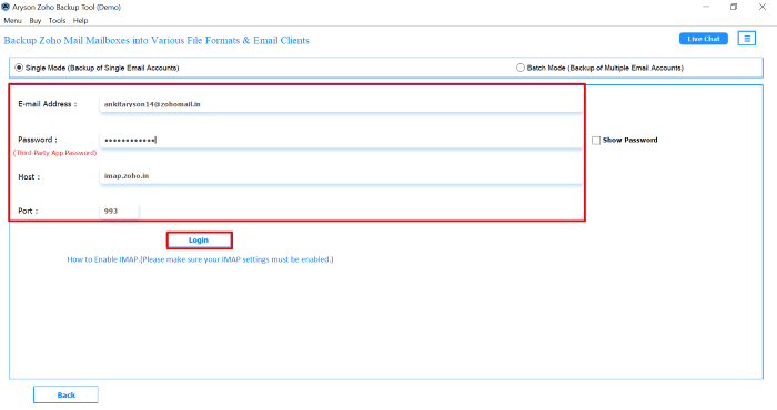 With email Address, password, Host, and port no, sign in to your Zoho Mail