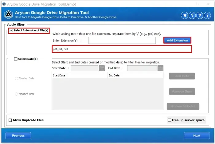 Add Extension to filter by file types