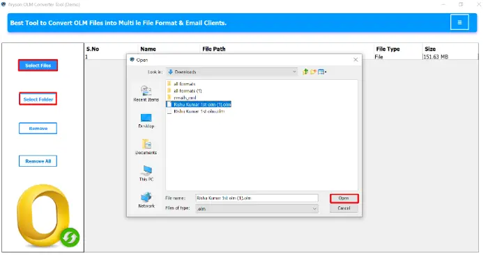 browse and select the OLM file