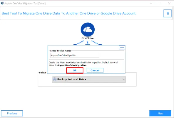 Click Ok to start the backup process