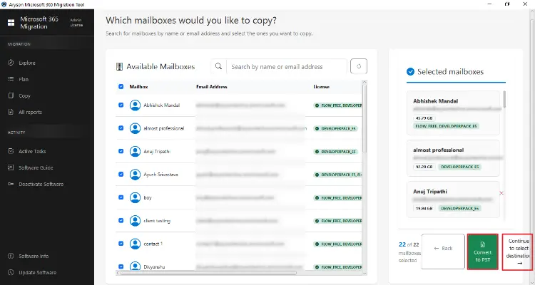 select Convert to PST to migrate to another tenant
