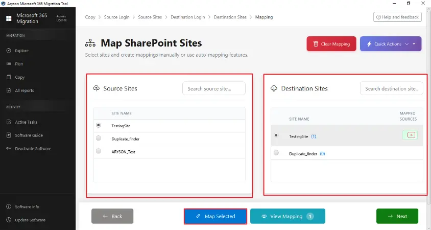 map source sites with destination sites