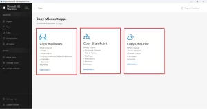 Select migration scope: mailboxes, SharePoint, OneDrive.