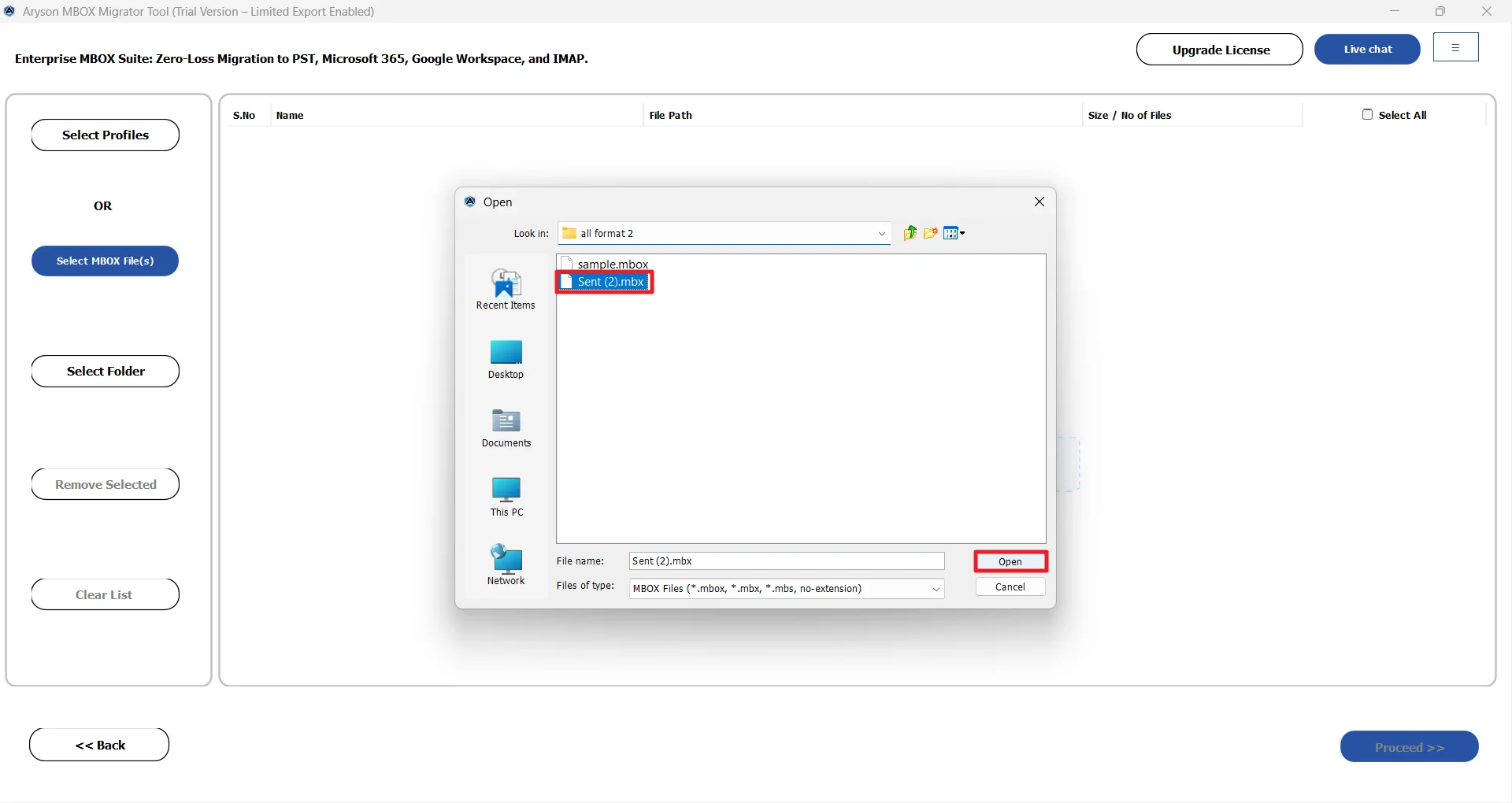 Browse button to choose the single or multiple MBOX file