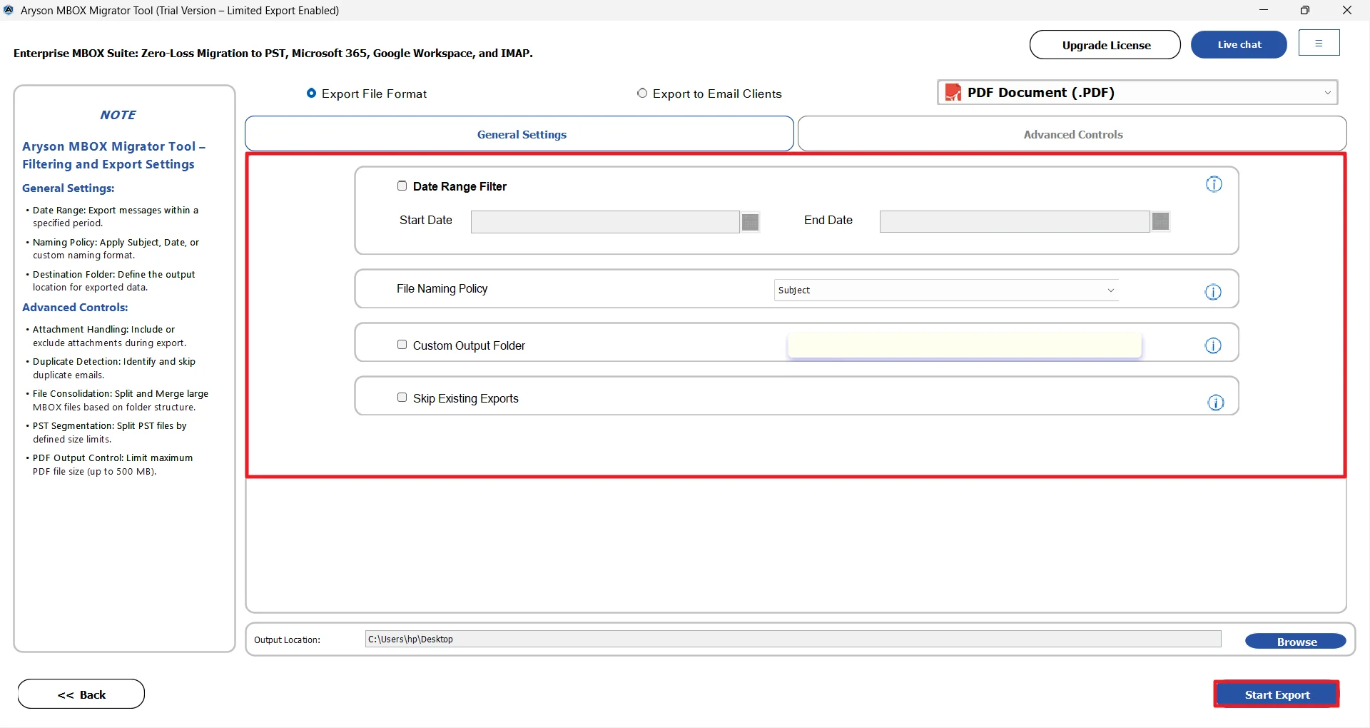 click Start Export