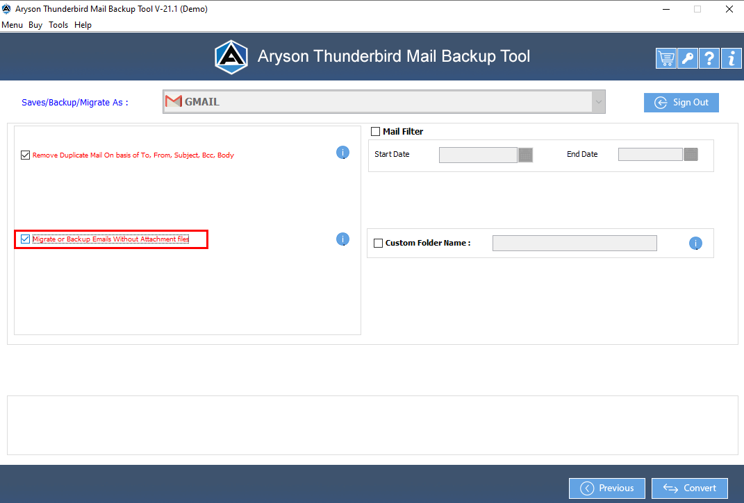 Thunderbird Backup interface