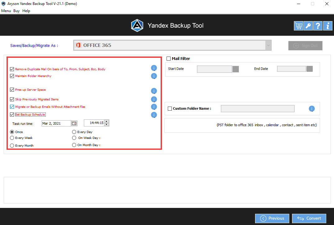 Yandex Backup interface