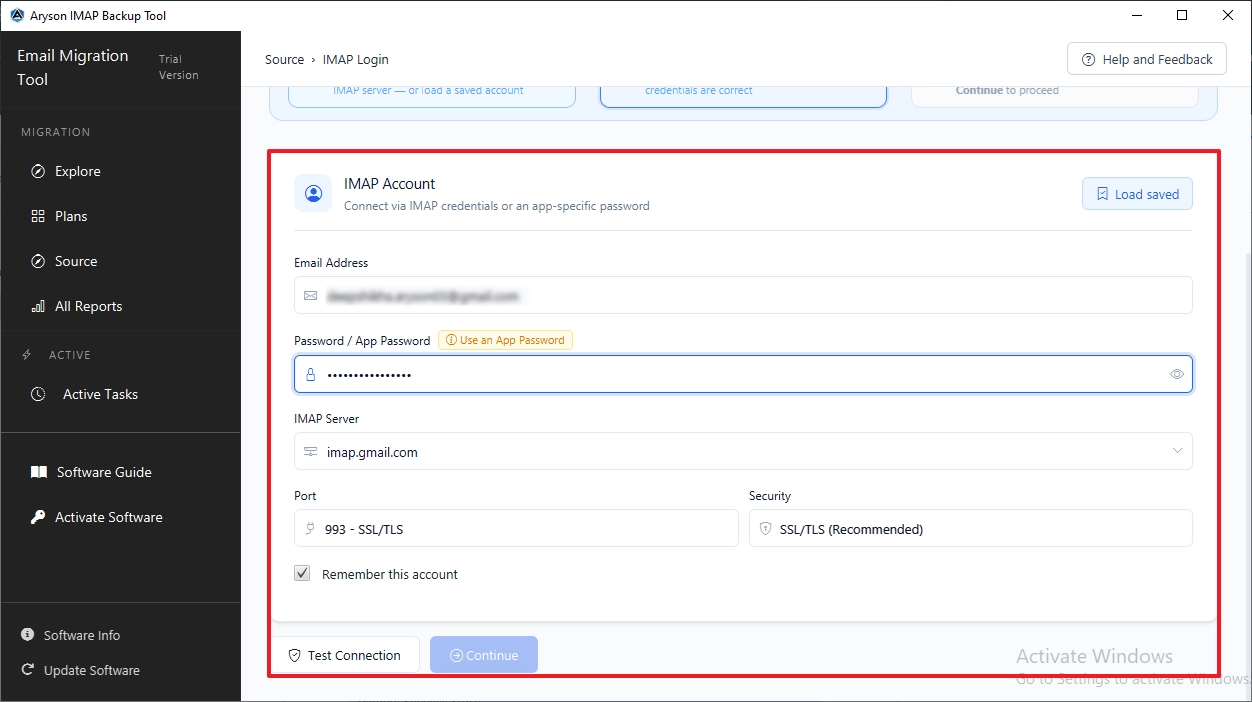 MAP migration card >> log in to IMAP via credentials