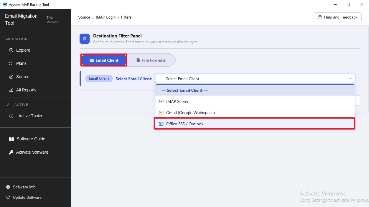 choose Office 365/Outlook under the Email Clients