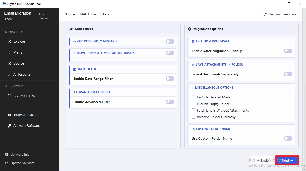 click on the Next button to begin the migration