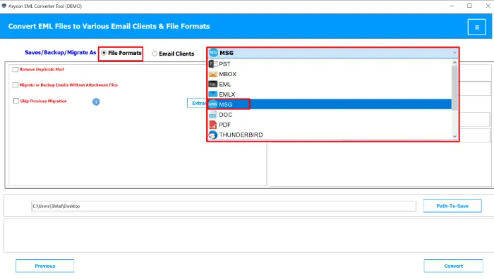 Choose the result format as MSG